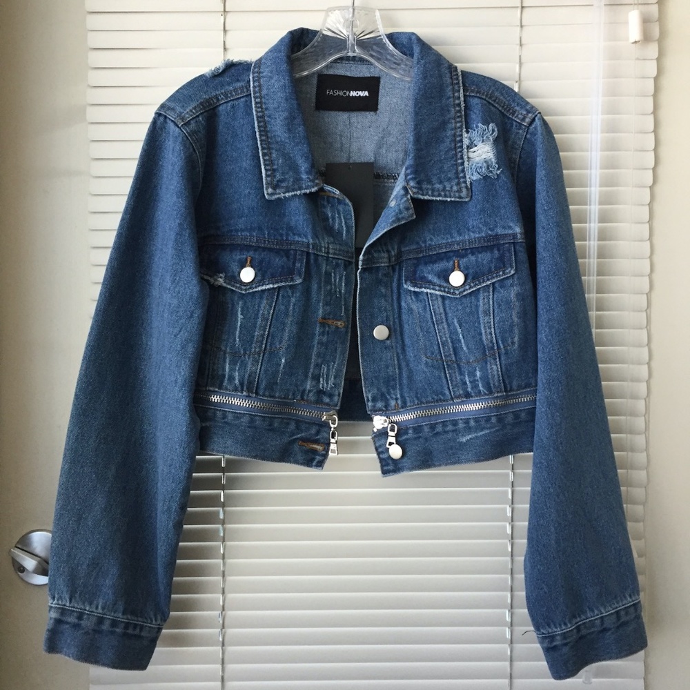 Fashion Nova Cropped Distressed Denim Jacket